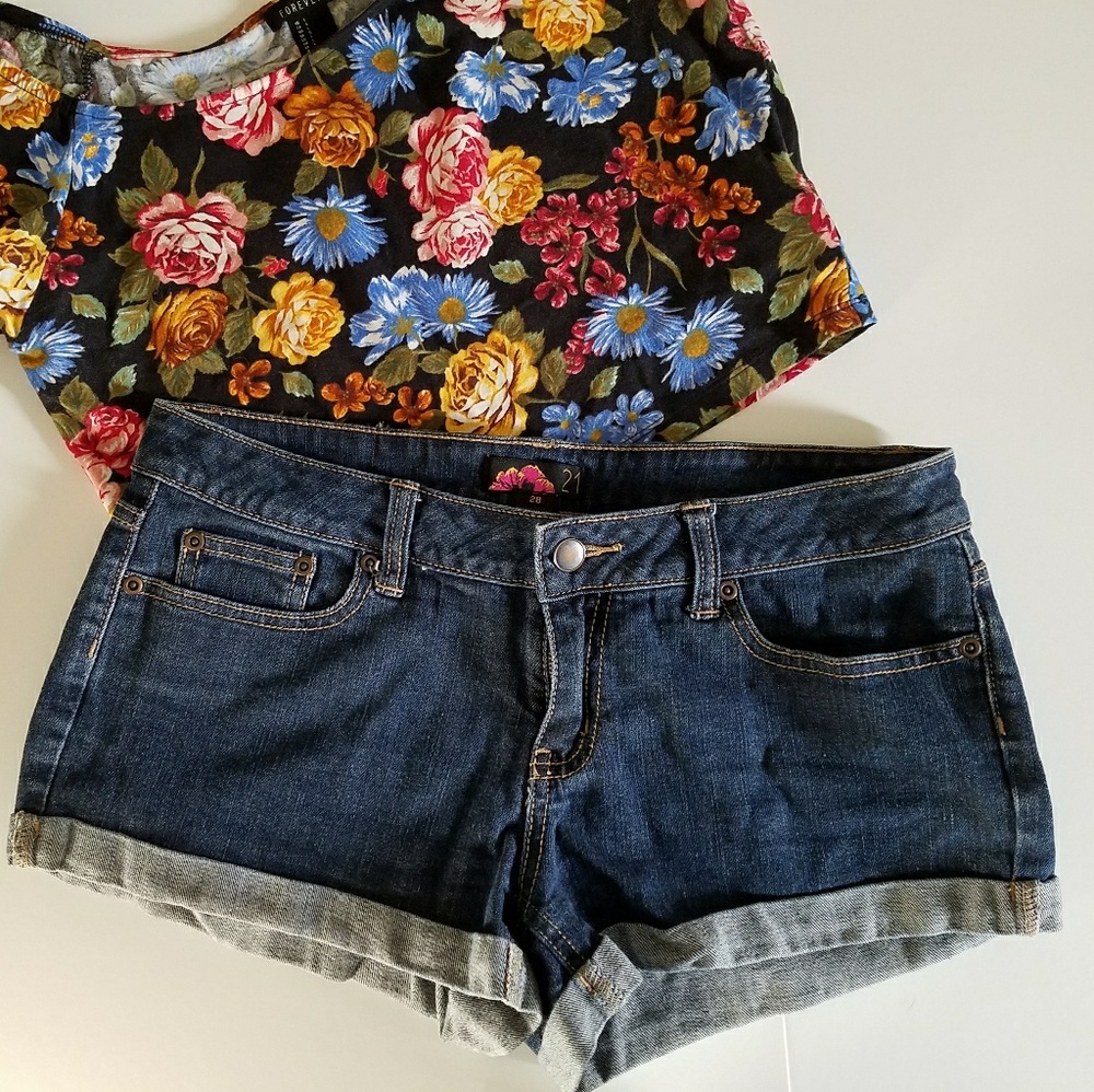 Cuffed dark wash jean shorts folded hem denim